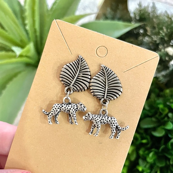 Silver Leaf Cheetah Earrings - Picture 2 of 3